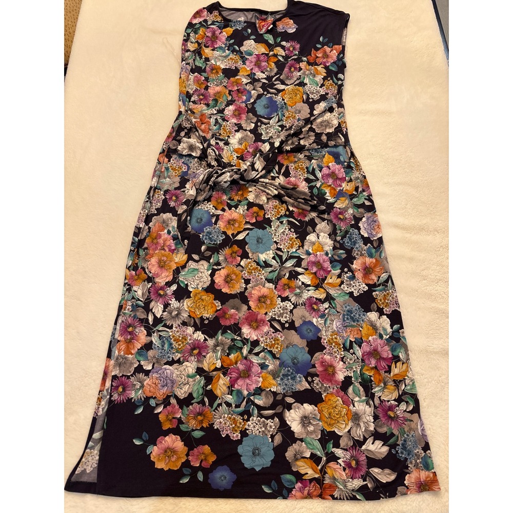 Johnny Was Los Angeles Floral Midi Dress Navy Blue Tie Waist Sleeveless Medium